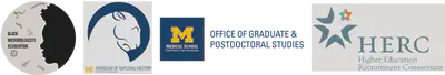 Logos for the Black Microbiologists Association, the University of Michigan Museum of Natural History, the University of Michigan Office of Graduate and Postdoctoral Studies, and the Higher Education Recruitment Consortium.